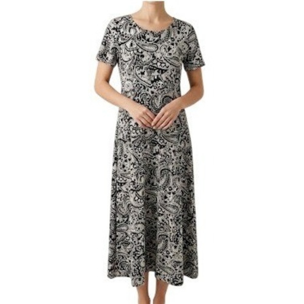 Ellen Weaver Womens Black White Paisley Short Sleeve‎ Maxi Dress Large B&W Knit
